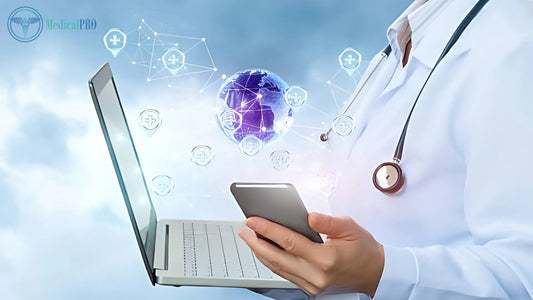 Medical professional entering data into clinic management software on laptop and mobile phone